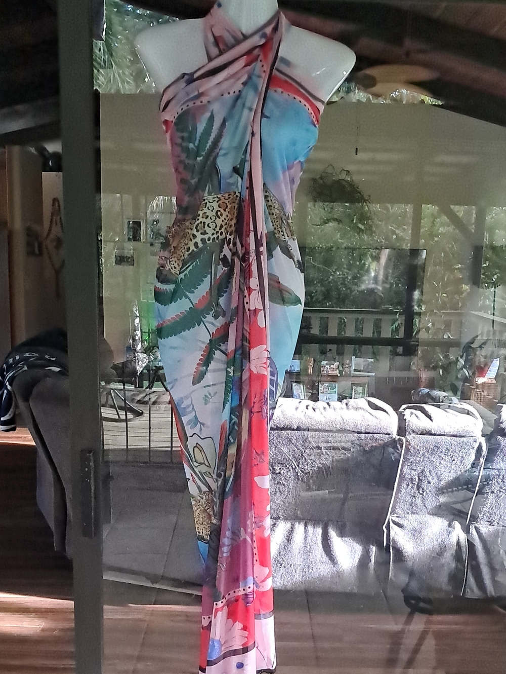 Tropical Print Sarong  in Blue & Coral 55" X 68"